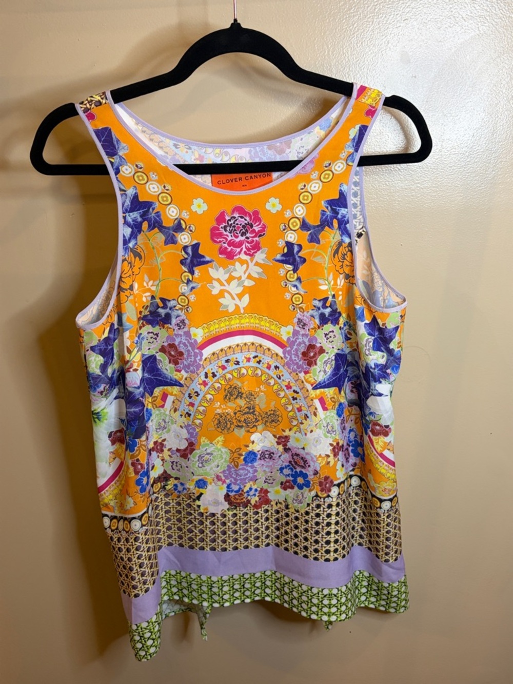 Clover Canyon 100% Silk Orange Floral & Purple Patterned Sleeveless Top